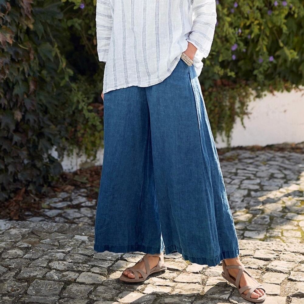 CP Shades Wendy Wide-Leg 100% Linen Pants in Denim Blue - NWT
